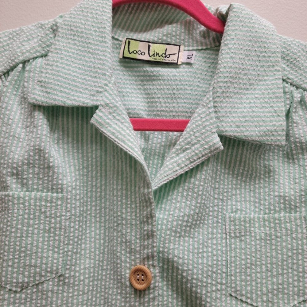 1940s Style Loco Lindo Green Strip Seer Sucker Romper  jumpsuit XL - Picture 6 of 6